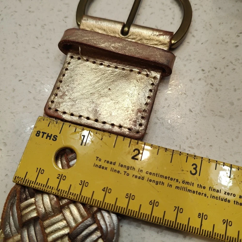 Preston & York Belt Sz Small Leather Tan Gold Braided Brass Ring Buckle Boho